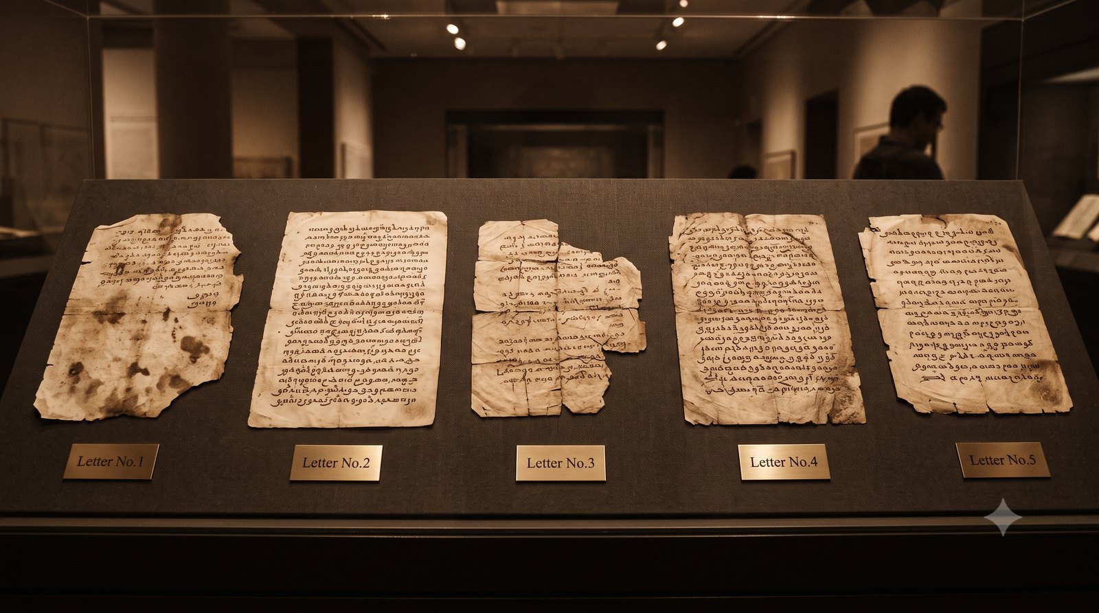 ⚠ AI illustration — not the actual artifacts; the letterforms shown are imagined, not real Sogdian. Authentic photographs of the five Ancient Letters (No.1–5) can be viewed at the International Dunhuang Project (IDP, idp.bl.uk). (Scholars traditionally number them 1, 2, 3, 5, 6; No.4 survives only as a fragment.)